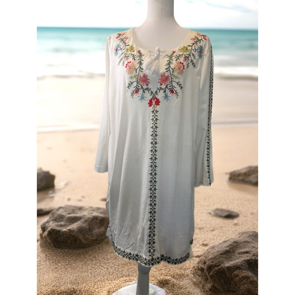 J Jill Women V Neck White Embroidered Tunic Size Medium